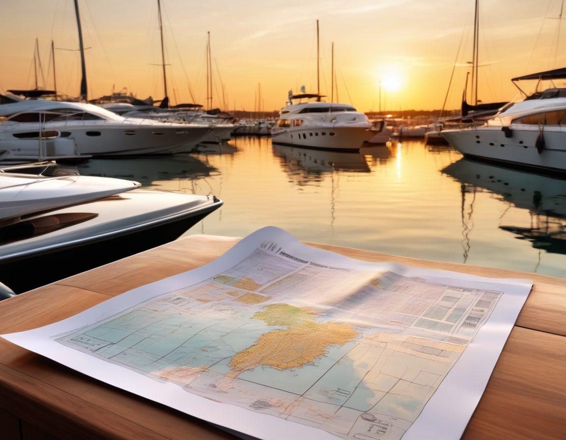 A serene marina at sunset with luxurious yachts docked, showcasing diverse boat owners engaged in discussions. In the foreground, a detailed insurance document partially unrolled next to a nautical map, symbolizing the importance of protection on the water. The scene should radiate tranquility and professionalism, with a warm golden hue highlighting the peaceful water. super-realistic. vibrant colors. 3D.