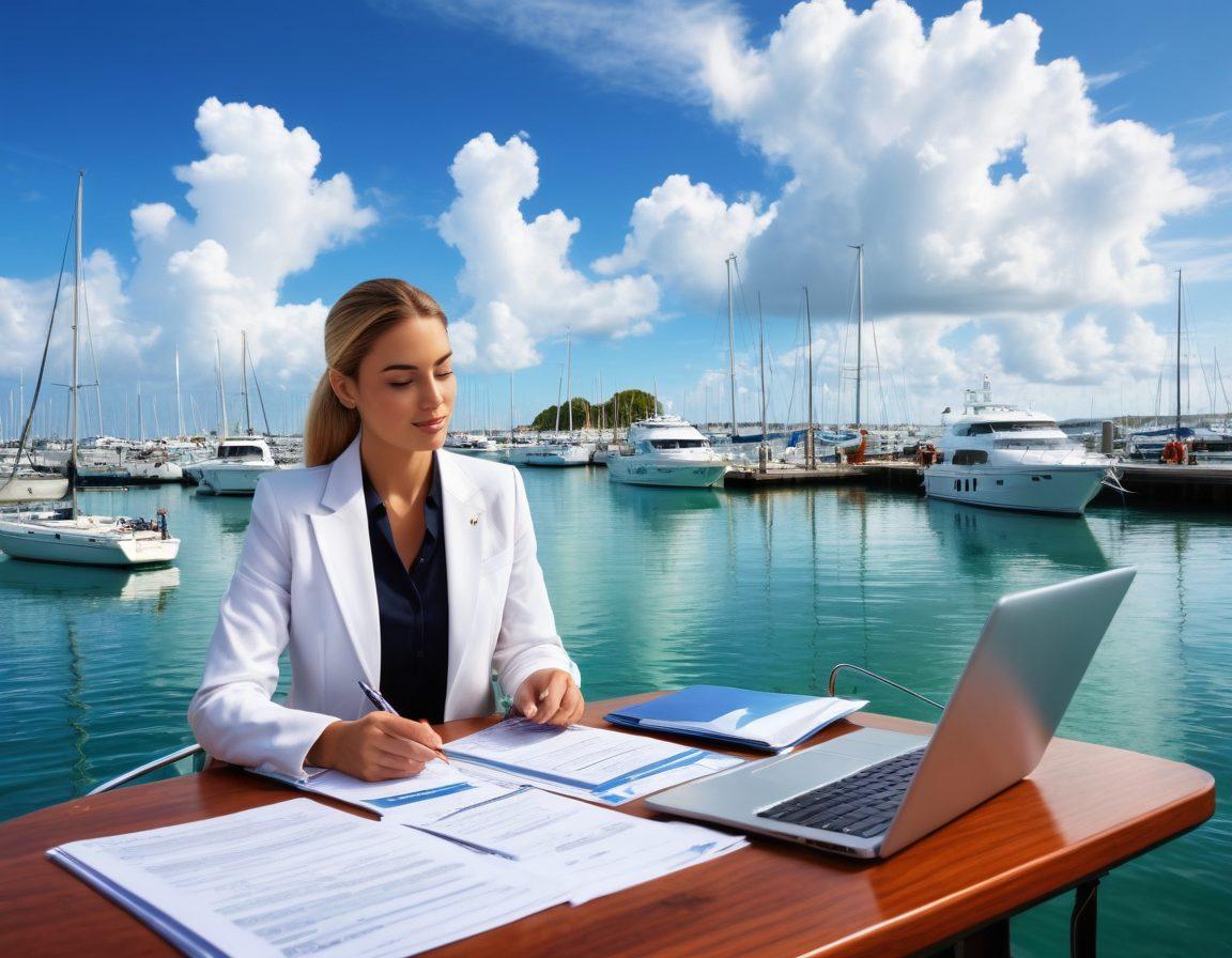 A serene marina scene featuring a variety of elegant yachts gently swaying in the water, with a clear blue sky and fluffy white clouds. In the foreground, a friendly insurance agent is explaining policies to a couple, with documents and a laptop open. In the background, sailboats and a lighthouse enhance the nautical theme, symbolizing safety and security at sea. super-realistic. vibrant colors. bright atmosphere.